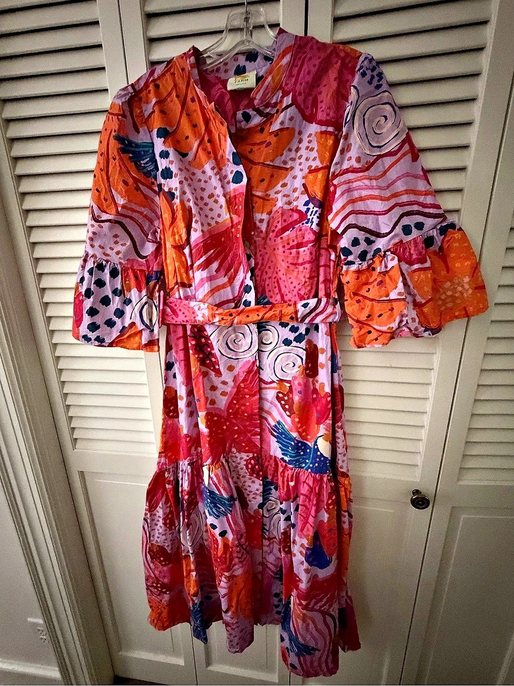 Farm Rio Tropical Tapestry Belted Midi Shirtdress Pink & Orange size large - Picture 2 of 3